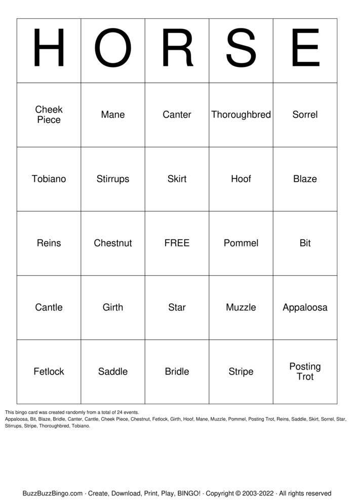 HORSE Bingo Cards to Download, Print and Customize!