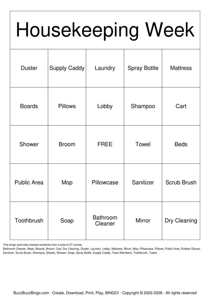 Download Free Housekeeping  Bingo Cards