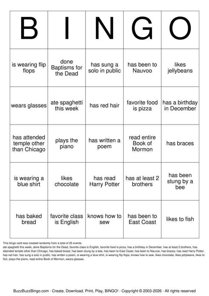 Download Free LDS YOUTH BINGO Bingo Cards
