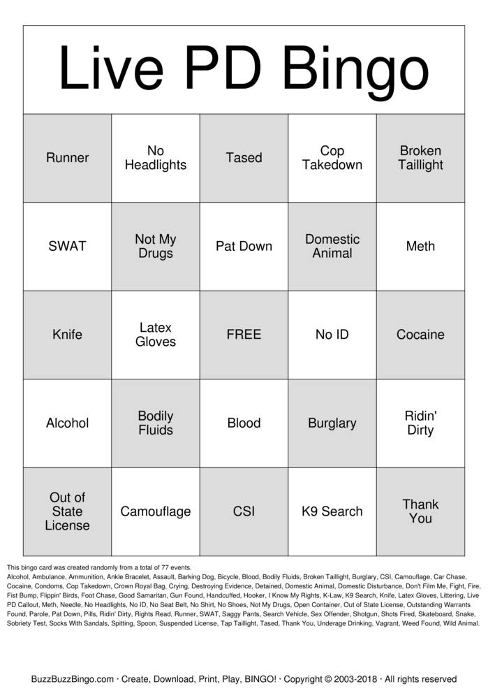 Download Free LIVE PD Bingo Cards