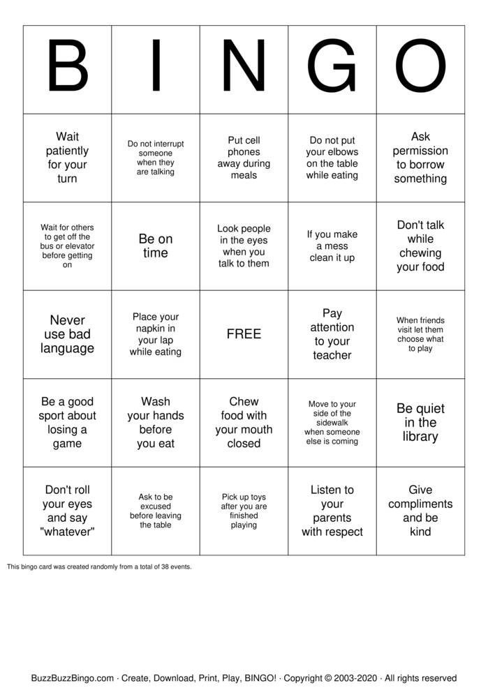 Manners Bingo Cards to Download, Print and Customize!