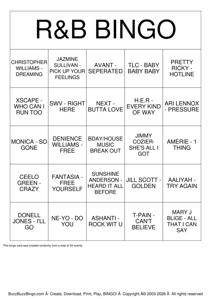 Download Free R&B BINGO Bingo Cards