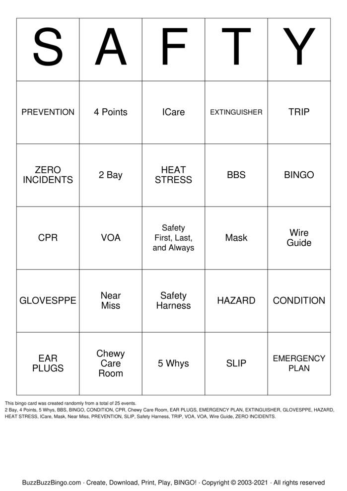 Safety Bingo Cards to Download, Print and Customize!