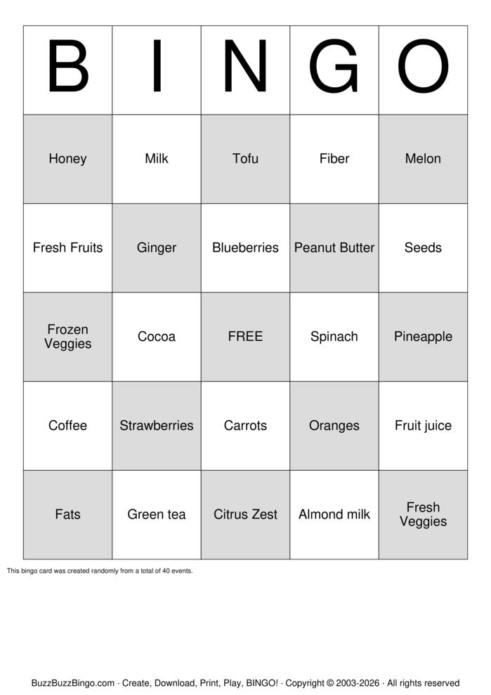 Download Free Smoothies 101 BINGO Bingo Cards
