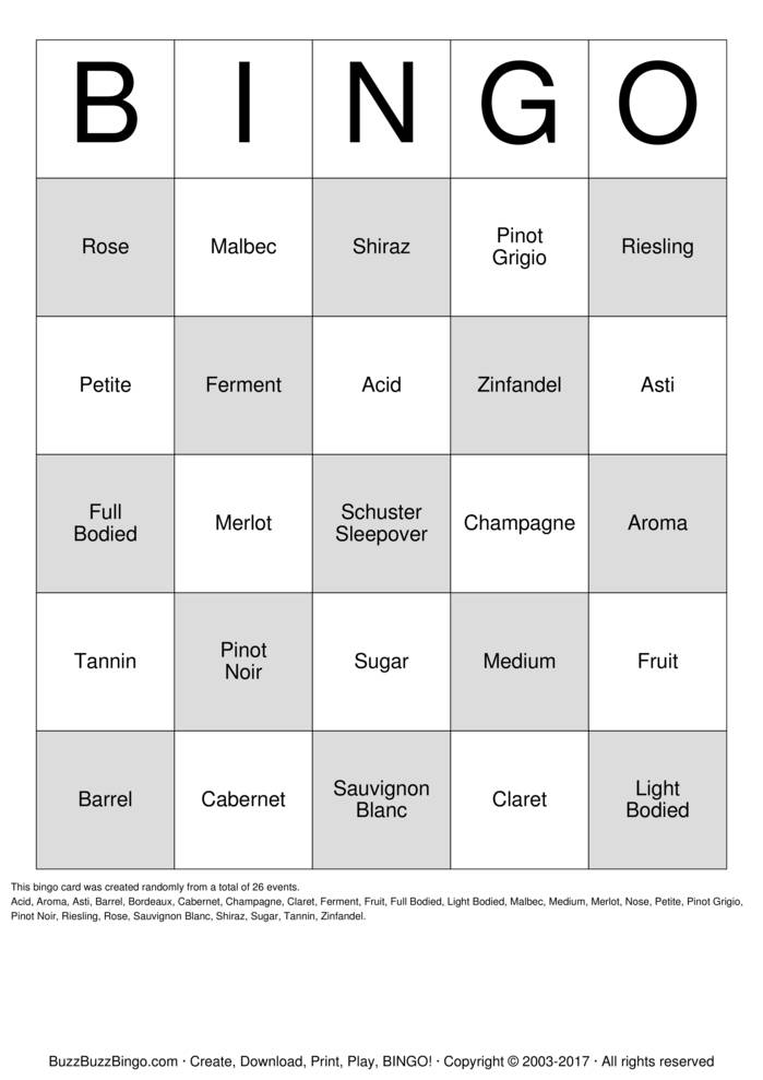 Wine Bingo Bingo Cards to Download, Print and Customize!