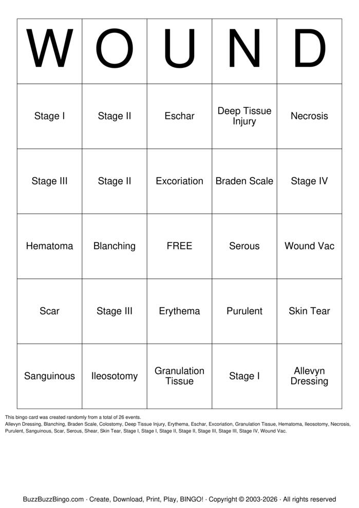 Download Free Wound Care Bingo Cards