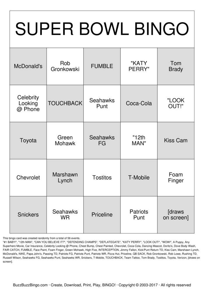 2015 Superbowl NE vs SEA Bingo Cards to Download, Print and Customize!