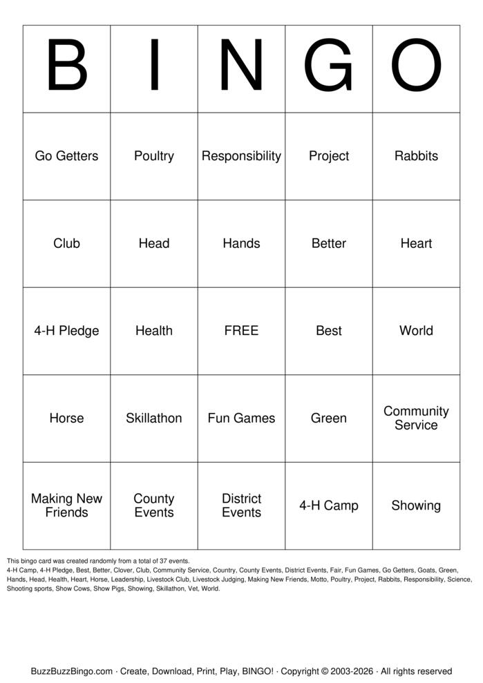 Download Free 4H Bingo Bingo Cards