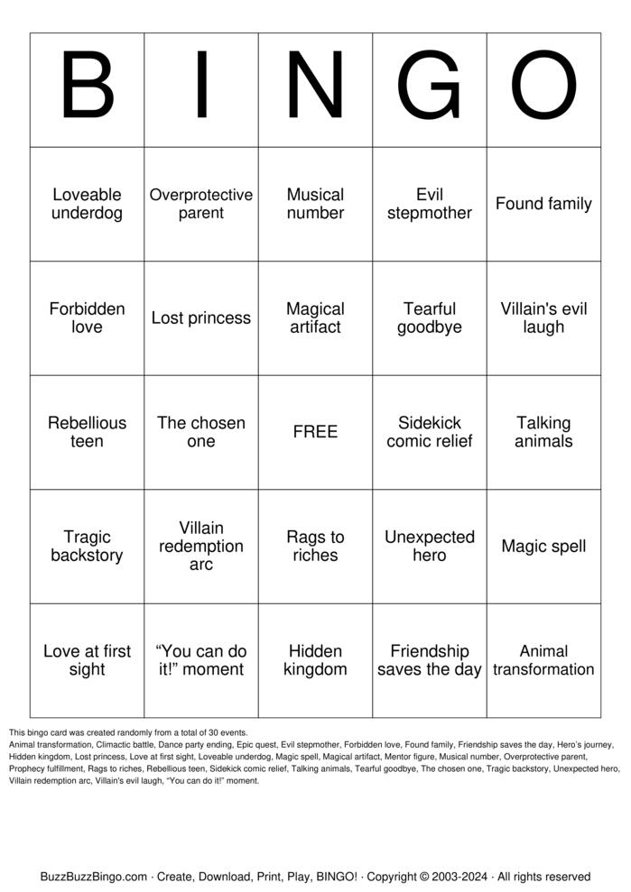Download Free Animated Movie Tropes Bingo Cards