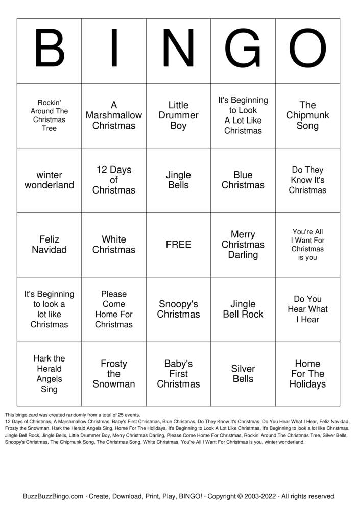 Christmas Songs Bingo Cards to Download, Print and Customize!