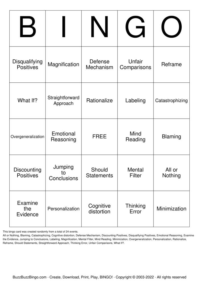 Download Free Cognitive Distortions  Bingo Cards