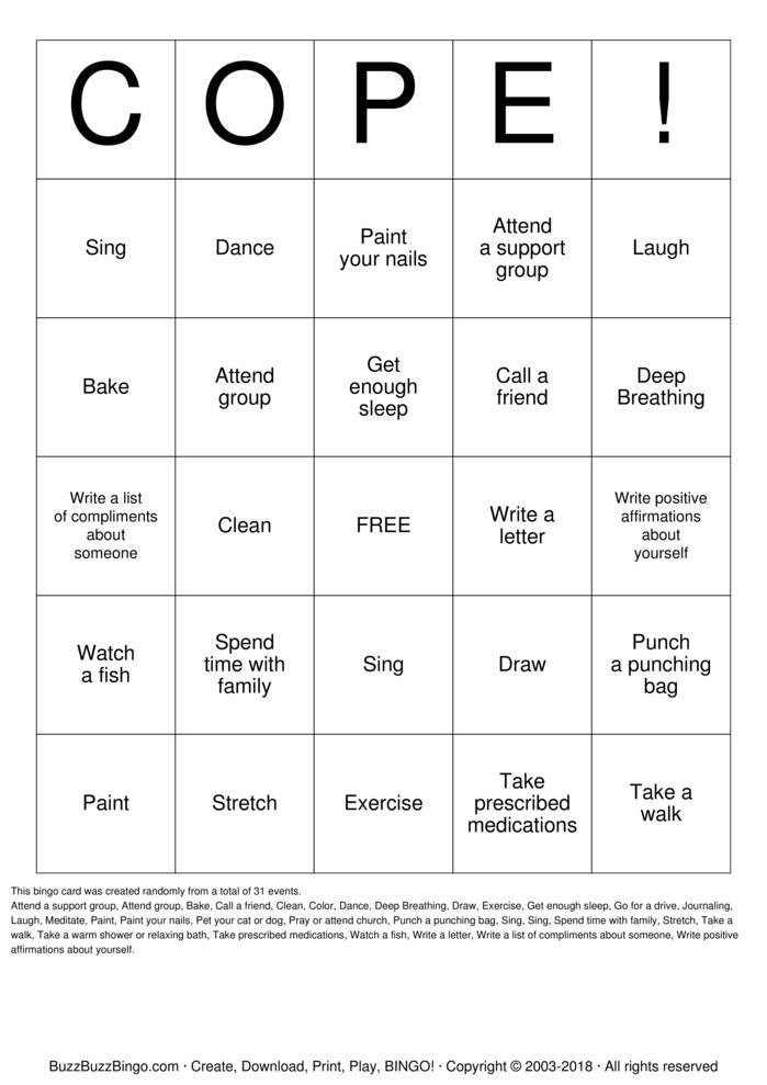 Coping Skills Bingo Cards to Download, Print and Customize!