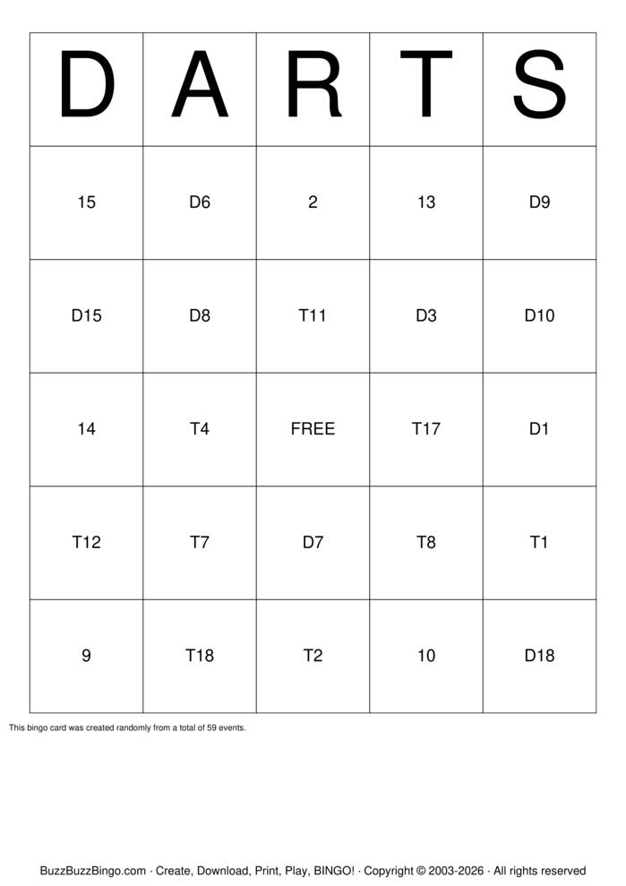 Download Free Darts Bingo Cards