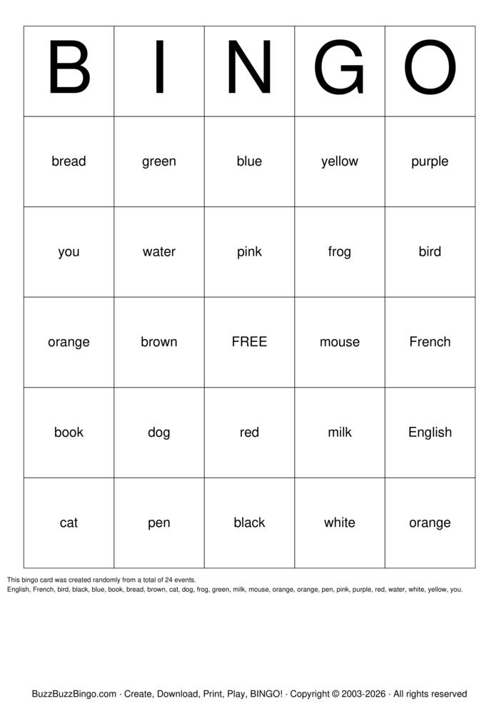 Download Free English Bingo Cards Download Free English Bingo Cards
