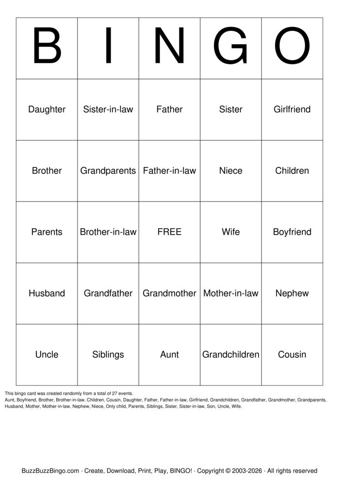 Download Free Family Bingo Cards Download Free Family Bingo Cards