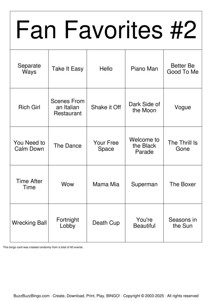 Download Free Fan Faves 2 Bingo Cards