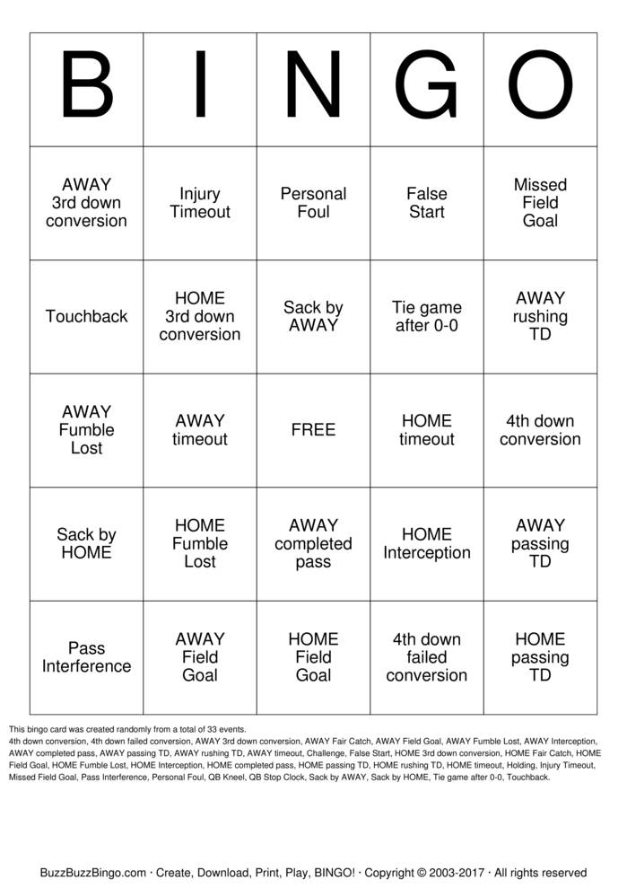 Download Free Football Bingo Cards Download Free Football Bingo Cards