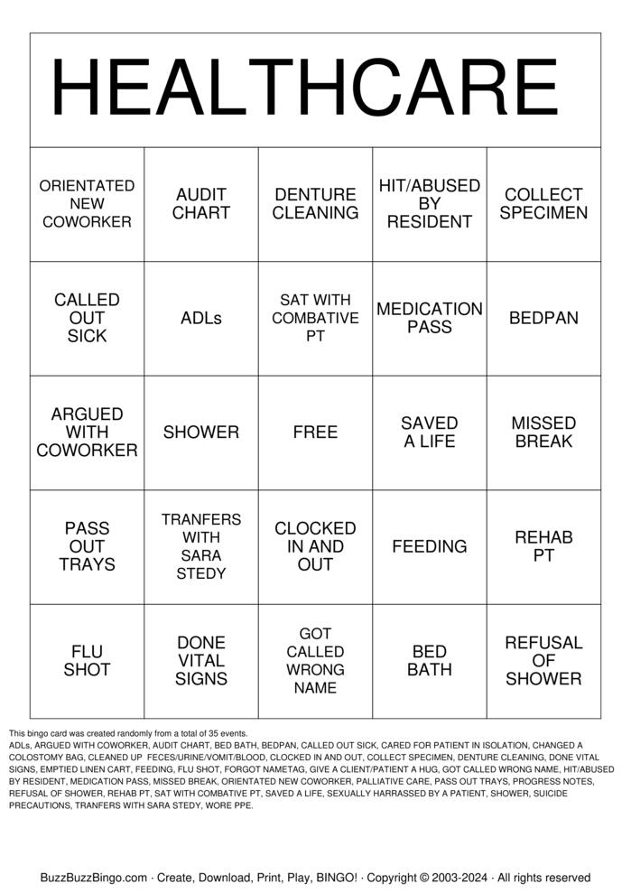 HEALTHCARE Bingo Cards to Download, Print and Customize!