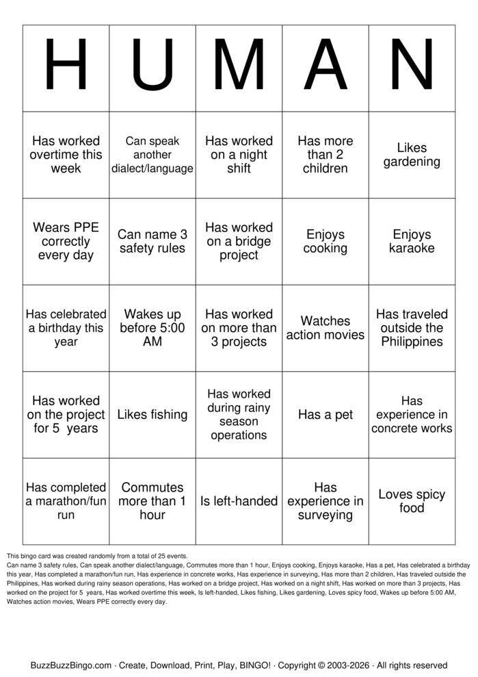 Download Free Human Bingo Cards Download Free Human Bingo Cards