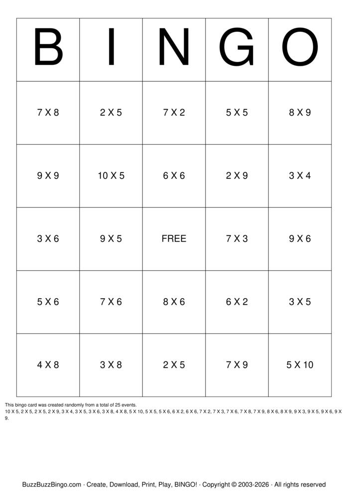 Download Free Math Multiplication Bingo Cards
