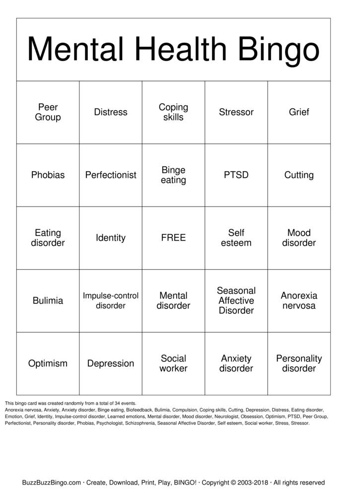 Mental Health Bingo Printable.