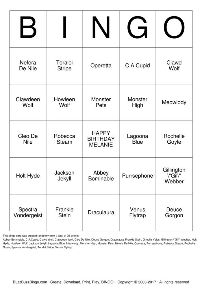 Monster High Bingo Cards to Download, Print and Customize!