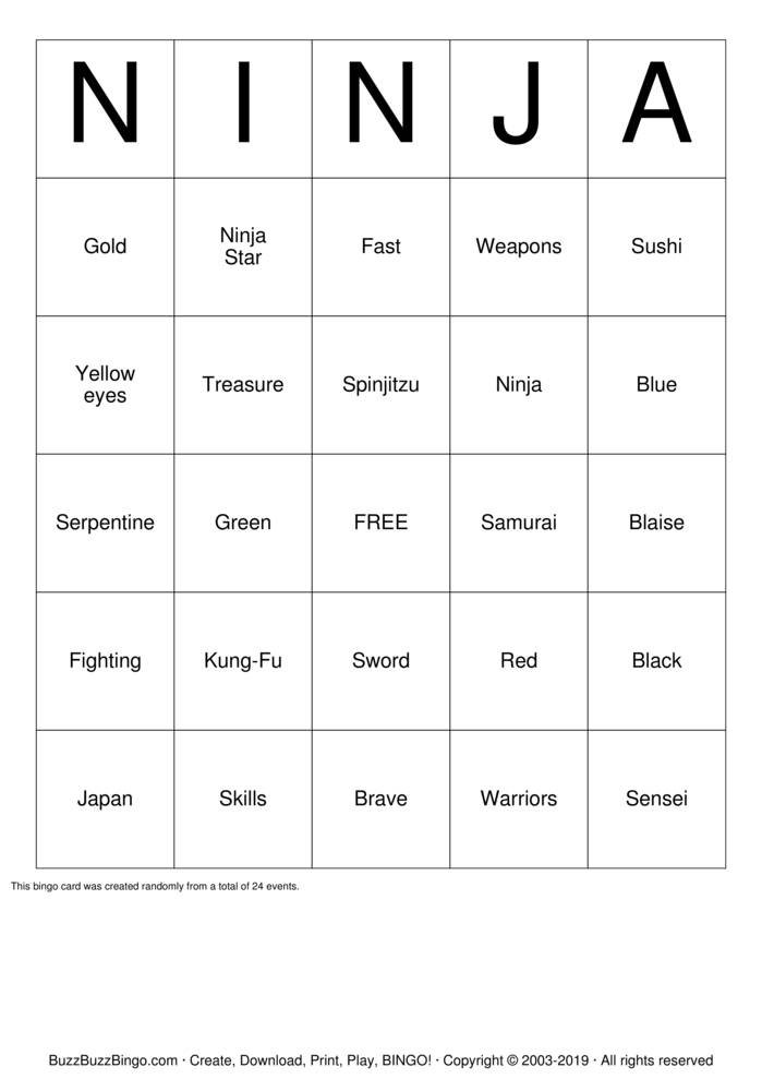 Download Free NINJA Bingo Cards