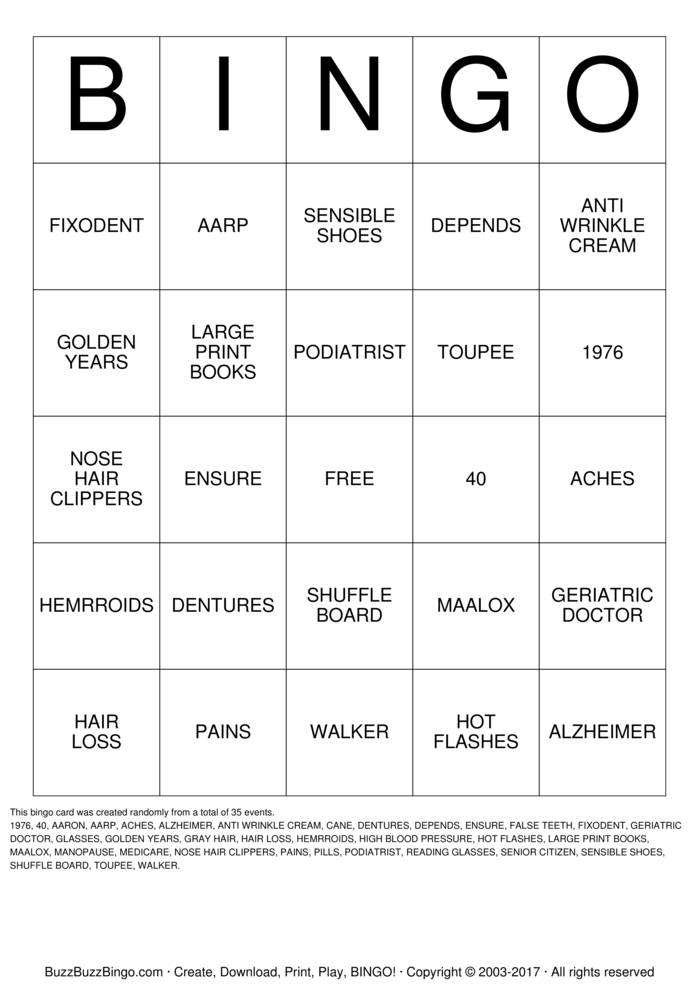 OVER THE HILL Bingo Cards to Download, Print and Customize!