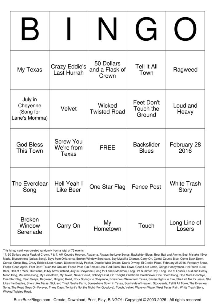 Download Free Red Dirt Country Titles Bingo Cards