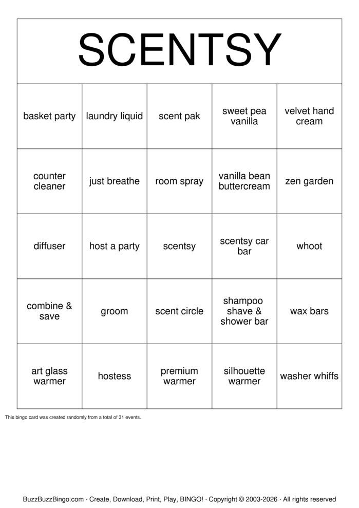 Download Free SCENTSY FRAGRANCE BINGO Bingo Cards