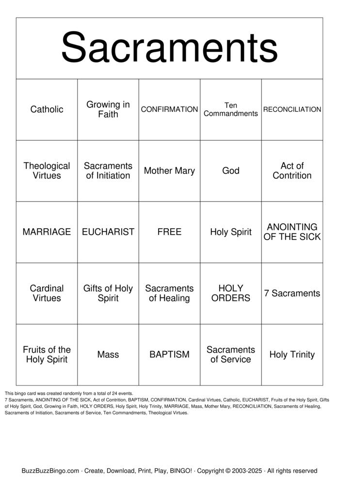 Sacraments Bingo Cards to Download, Print and Customize!