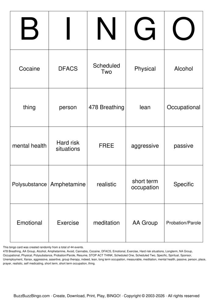 Download Free Substance Abuse Bingo Cards