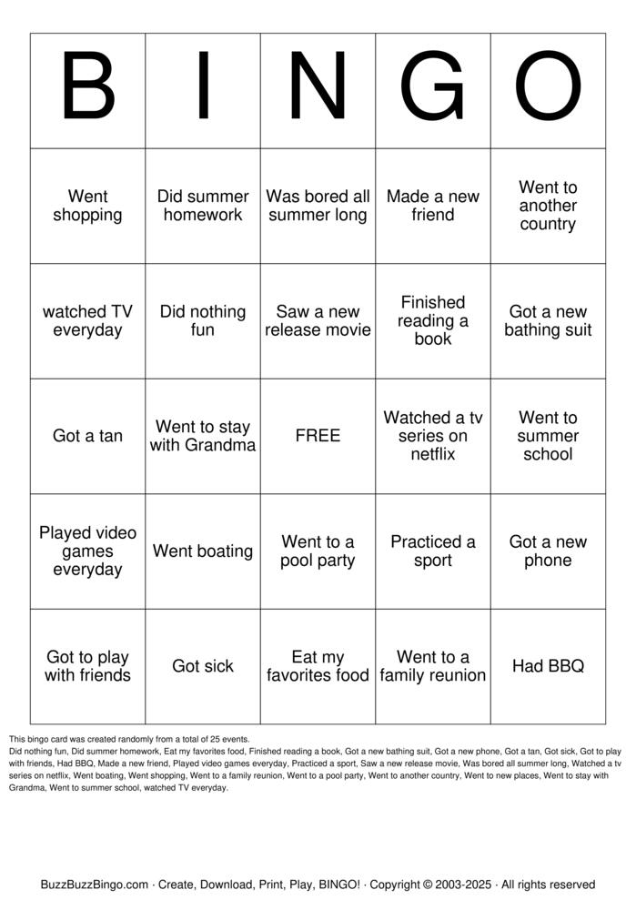 Download Free Summer Vacation Bingo Cards Download Free Summer Vacation Bingo Cards