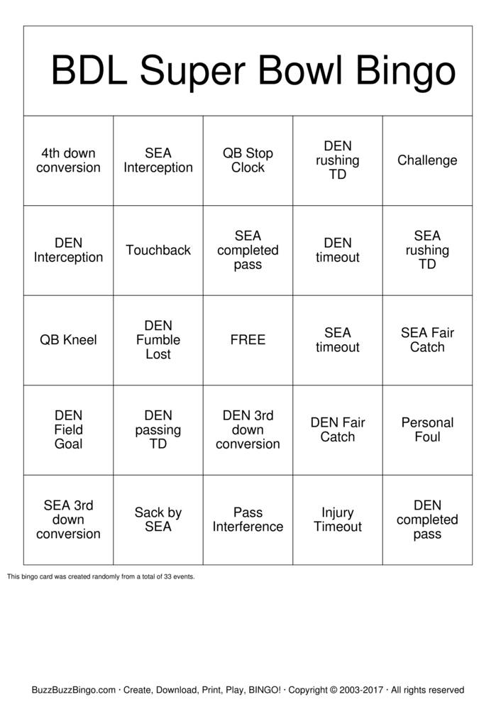 Download Free Superbowl Bingo Cards