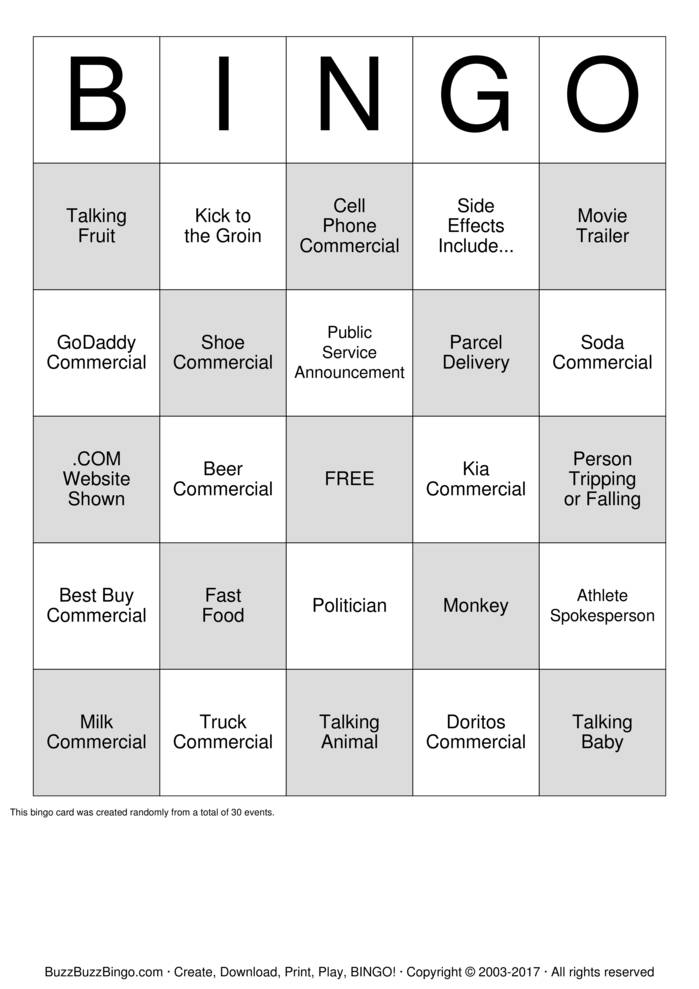 Download Free Superbowl Commercials Bingo Cards