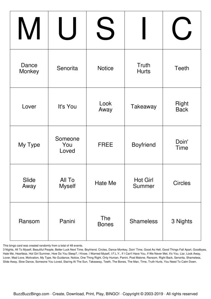 Download Free Today's Hits Bingo Cards