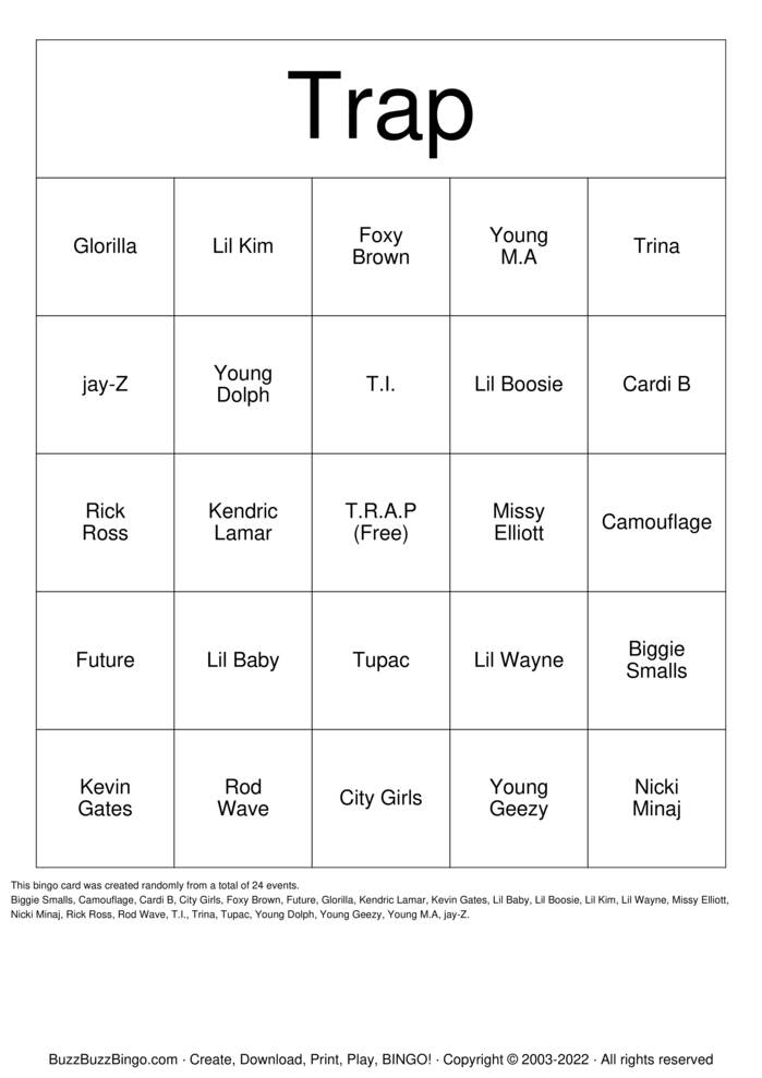 Download Free Trap  Bingo Cards