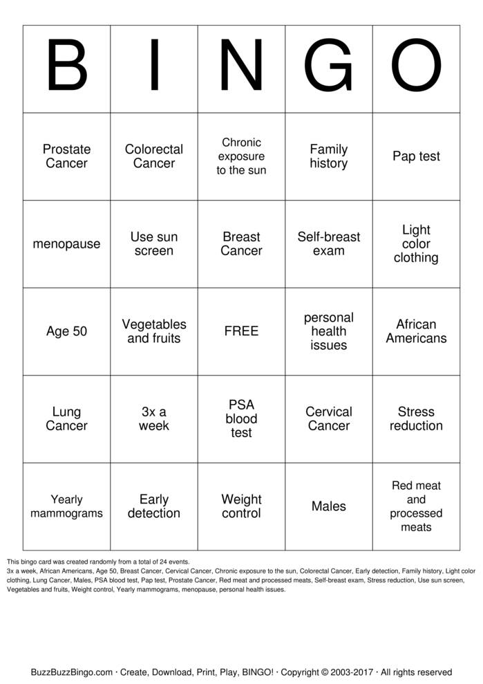 Download Free breast cancer Bingo Cards