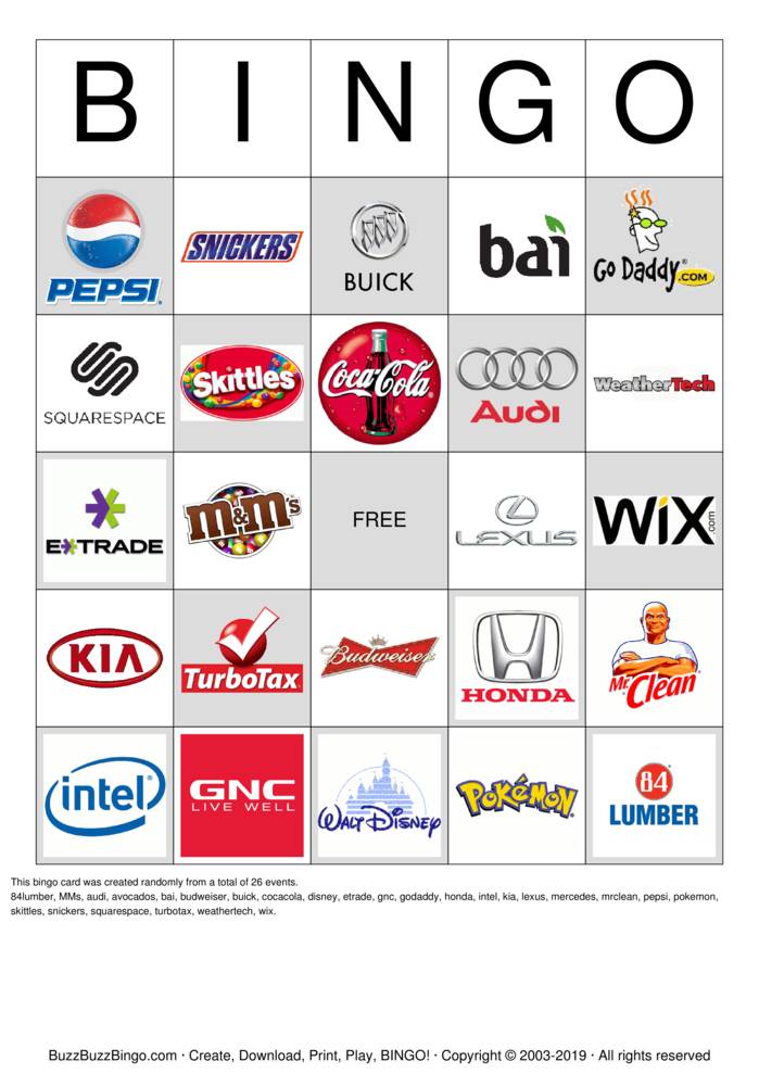 2019 Superbowl Commercial Logos Bingo Cards to Download, Print and ...