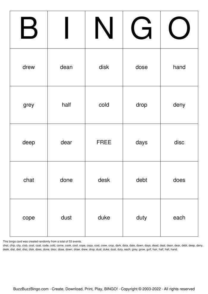 Download Free 4 Letter Words 2 Bingo Cards