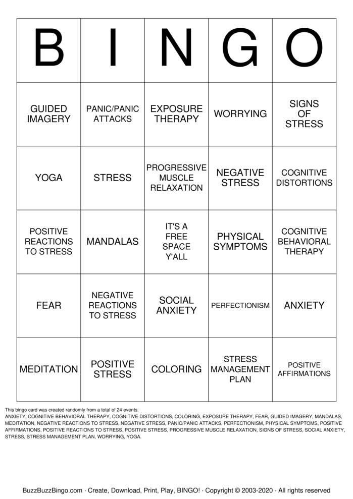 ANXIETY BINGO Bingo Cards to Download, Print and Customize!