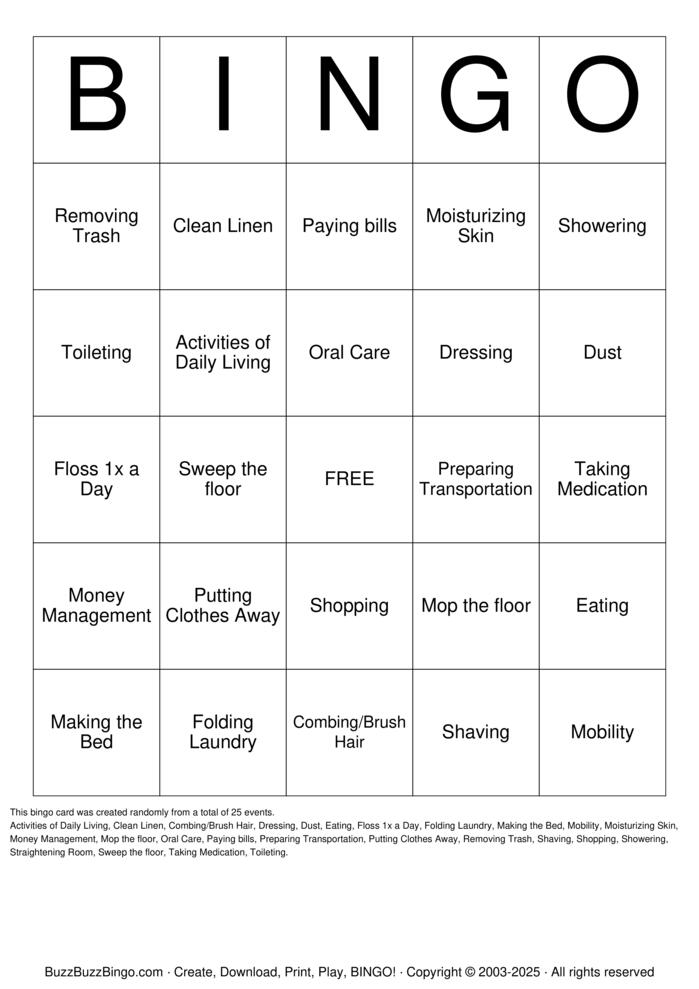 Download Free Activities of Daily Living Bingo Cards