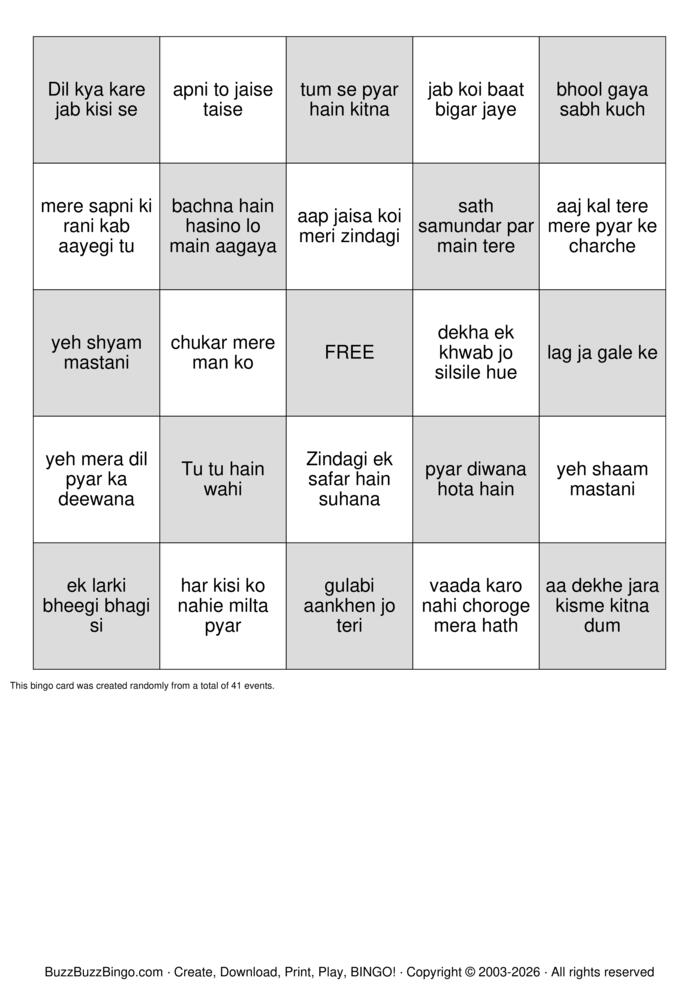 Download Free BollyWood Bingo Bingo Cards