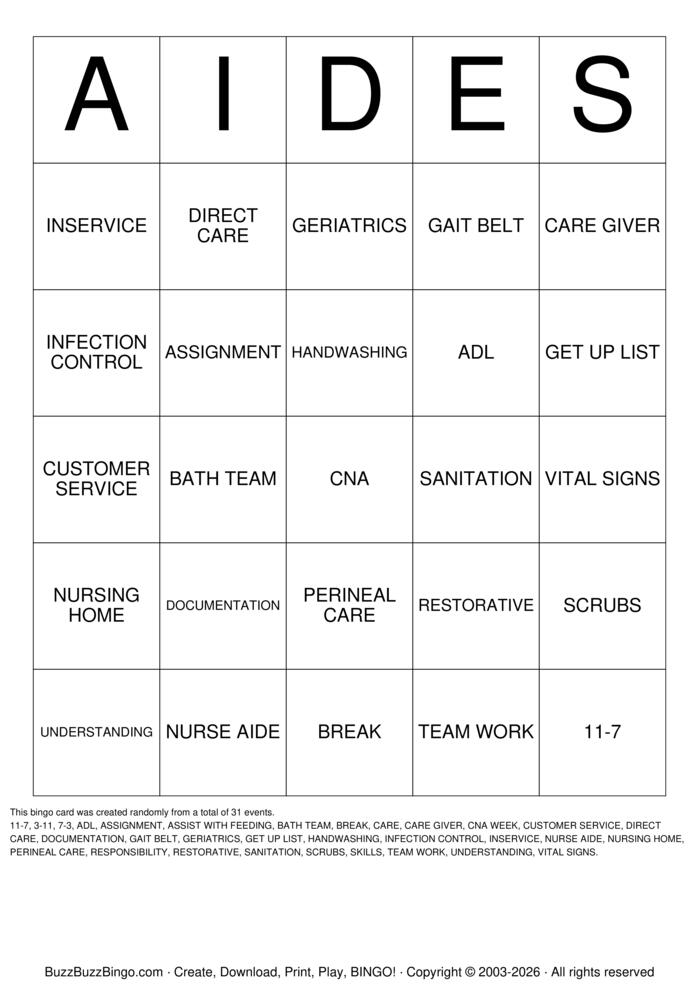 Download Free CNA Bingo Cards