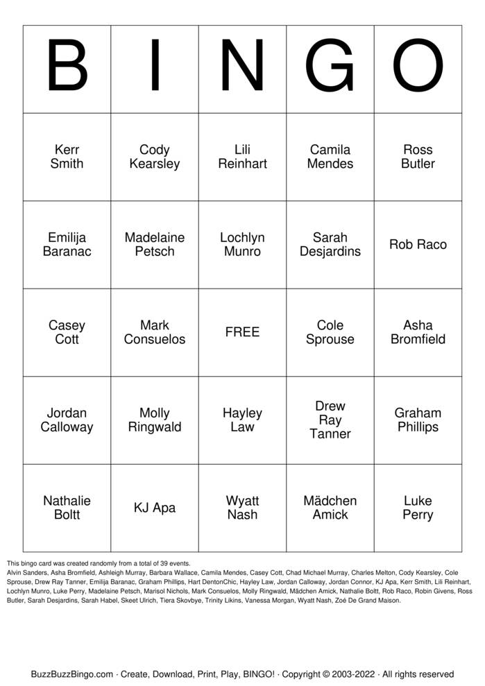 Download Free Cast of Riverdale Bingo Cards