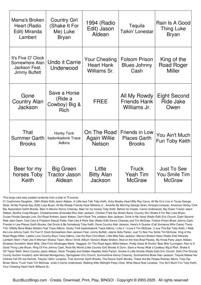 Download Free Country  Bingo Cards