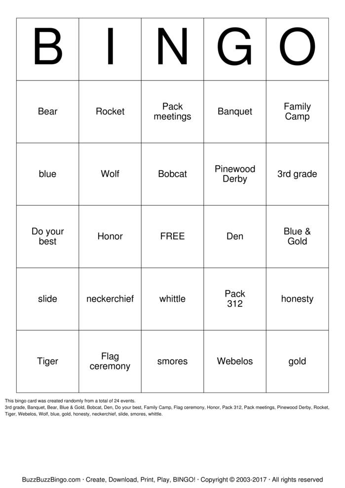 Download Free Cub Scouts Bingo Cards Download Free Cub Scouts Bingo Cards