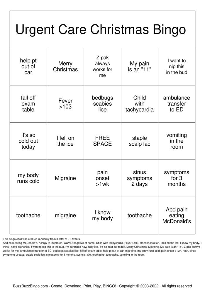 Download Free Emergency Room Bingo Cards