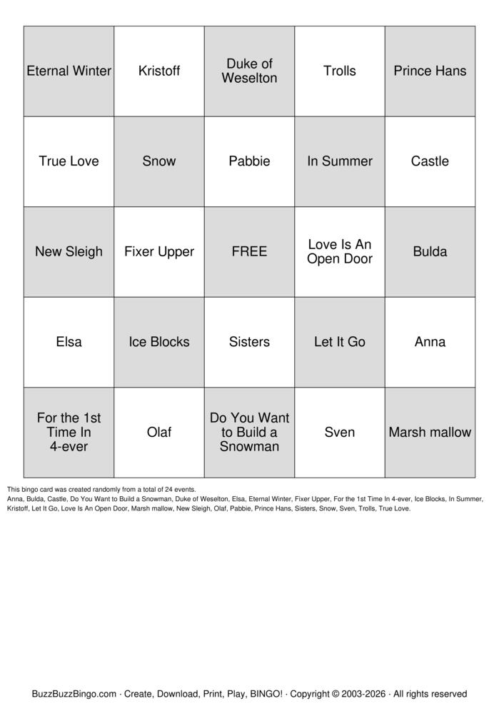 Download Free FROZEN Bingo Cards