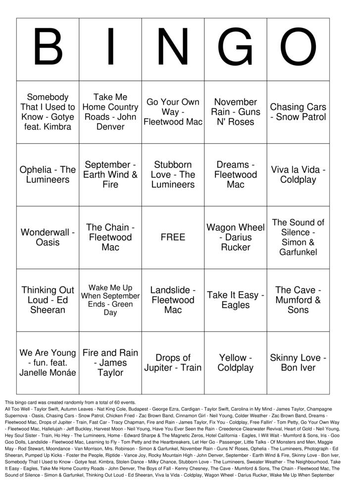 Download Free Fall Feels Autumn Songs Bingo Cards